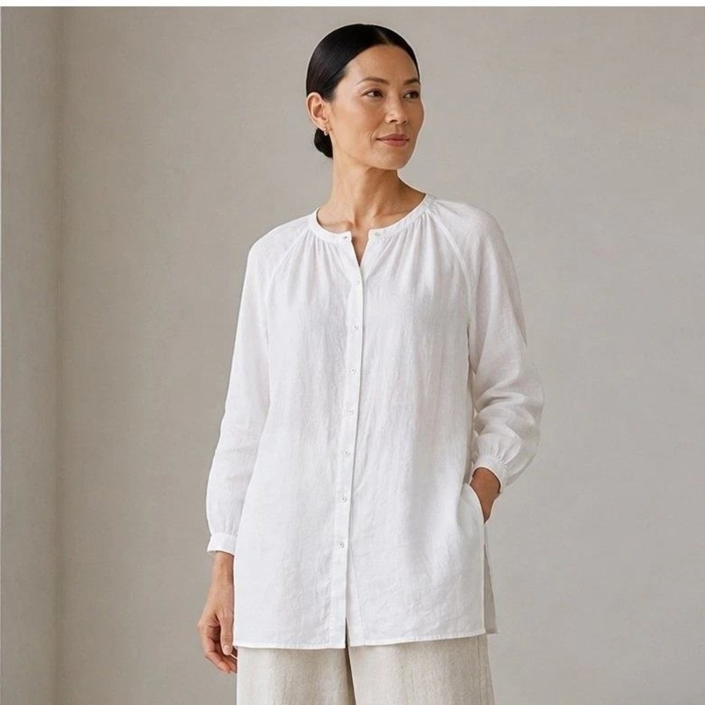 Eileen Fisher Top XL / 2XL Women White 100% Irish Linen Sheer Button Front Tunic